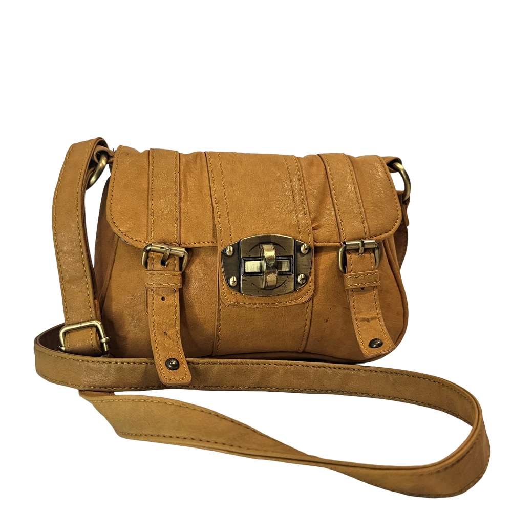 [D-Fusion] Mustard Yellow Soft Vegan Leather Brass Buckles Mini Crossbody Bag
